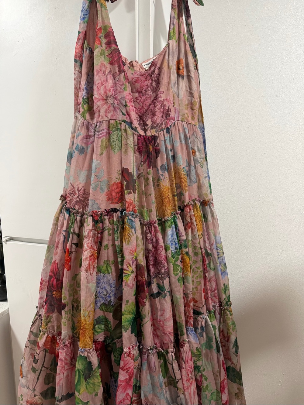 Geisha designs Isabella pink floral bow shoulder tiered formal midi dress